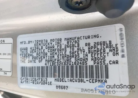 2002 Toyota Camry Le from USA, damaged, VIN 4T1BE32K82U102485